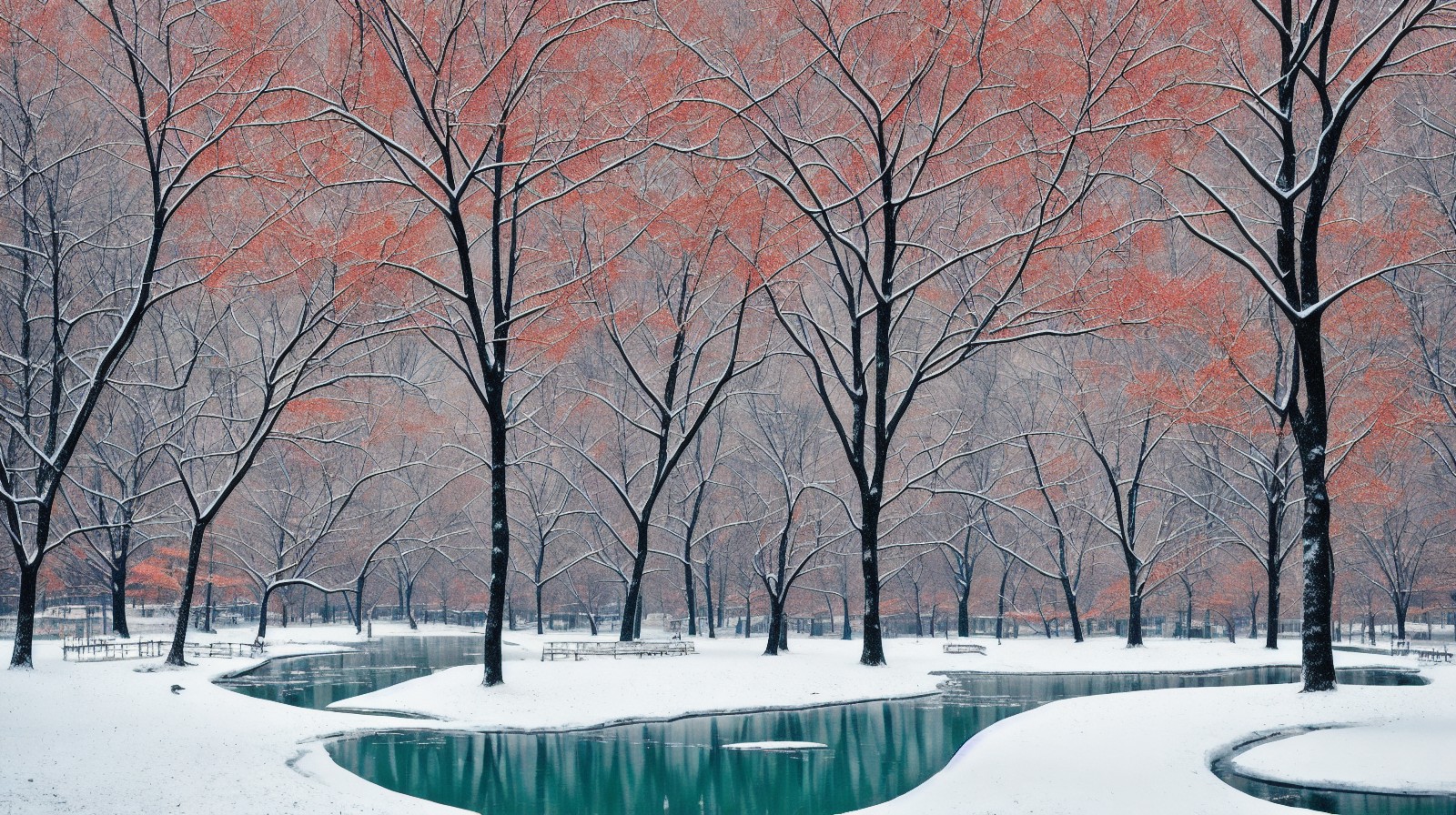 冬天公园里的树木湖面与雪景